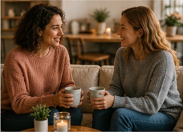 Two women talking together over tea