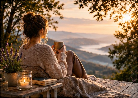 A woman sitting peacefully with a warm drink overlooking a mountain landscape