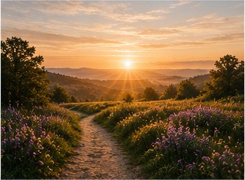 A path through flowers toward a sunrise