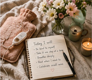 A heat pad, notebook, flowers and candle