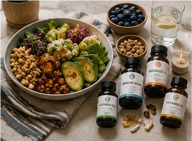 A balanced meal with supplement bottles